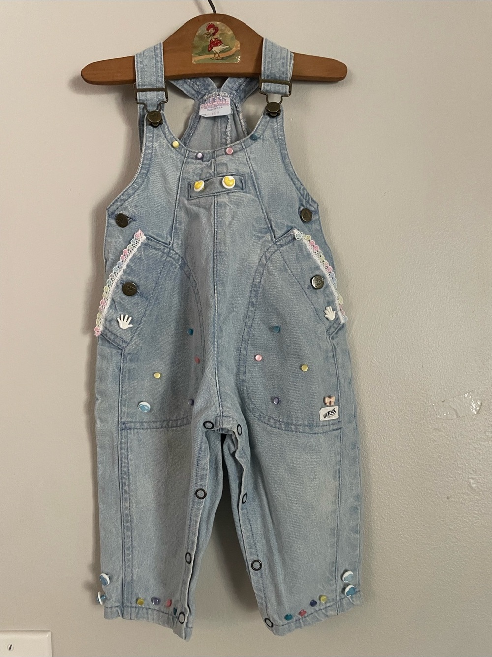 Vtg Baby Guess Overalls 12 Mos Decorated with Button Charms 80s 90s USA MADE